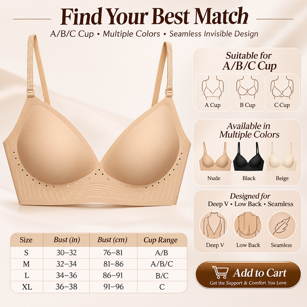 💞Deep V Low Back Backless Bra for A/B/C Cup - Seamless Invisible Bra